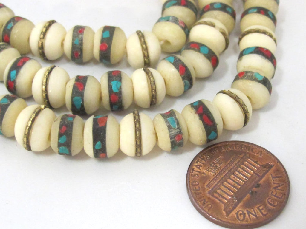 108 beads - 8 mm Tibetan white color recycled cattle bone mala turquoise brass inlay beads and Guru bead supply - ML070A