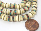 108 beads - 8 mm Tibetan white color recycled cattle bone mala turquoise brass inlay beads and Guru bead supply - ML070A