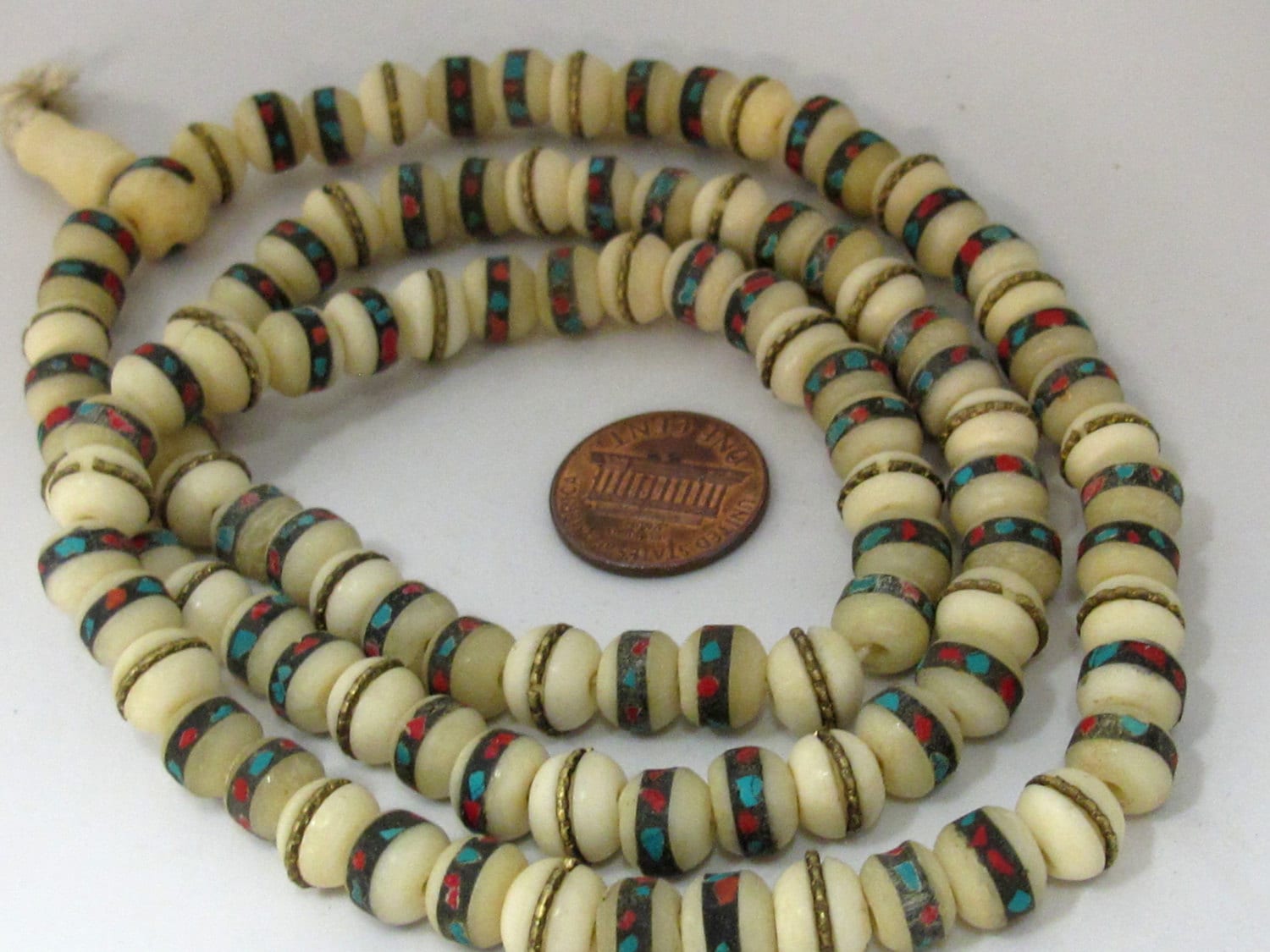 108 beads - 8 mm Tibetan white color recycled cattle bone mala turquoise brass inlay beads and Guru bead supply - ML070A