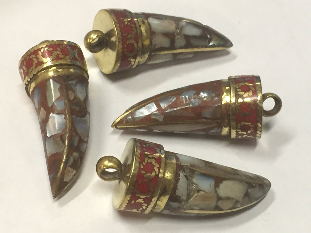 1 Pendant - Tibetan horn shape Brass pendant with MOP shell inlay - PM405G