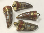 1 Pendant - Tibetan horn shape Brass pendant with MOP shell inlay - PM405G