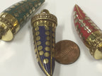 3 Pendants set - Tibetan horn tusk shape lapis coral and turquoise Brass pendants with dotted design - PM315K