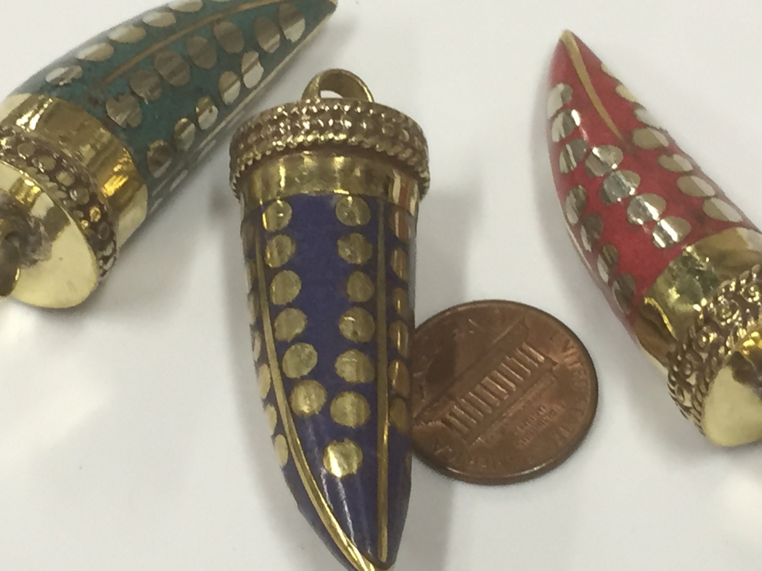 3 Pendants set - Tibetan horn tusk shape lapis coral and turquoise Brass pendants with dotted design - PM315K