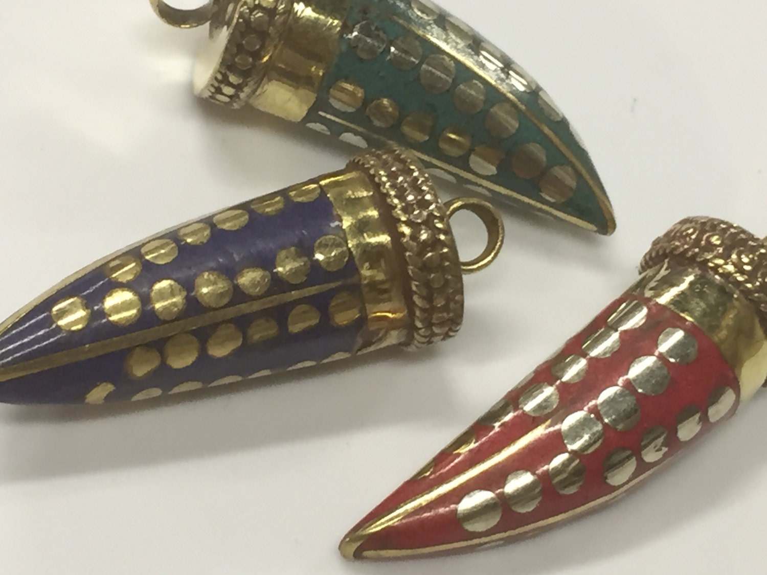 3 Pendants set - Tibetan horn tusk shape lapis coral and turquoise Brass pendants with dotted design - PM315K