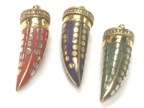 3 Pendants set - Tibetan horn tusk shape lapis coral and turquoise Brass pendants with dotted design - PM315K