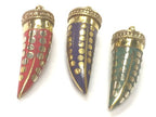 3 Pendants set - Tibetan horn tusk shape lapis coral and turquoise Brass pendants with dotted design - PM315K