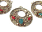1 piece - Ethnic round disc Tibetan charm pendant with turquoise coral inlay - PM500C