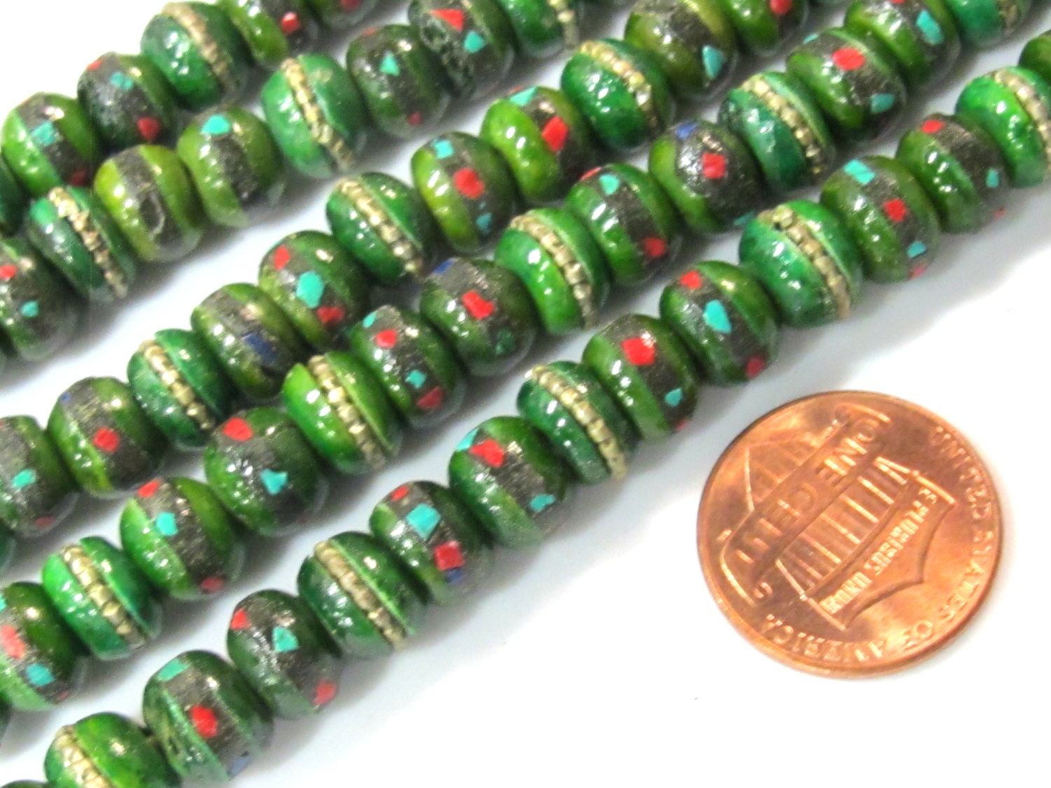 108 beads - 8 mm Tibetan green color bone mala turquoise brass coral inlay beads and Guru bead supply - ML076A
