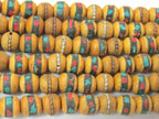 10 beads - 7-8 mm Tibetan wood mala beads with turquoise brass coral inlay - mala making supply - ML078B