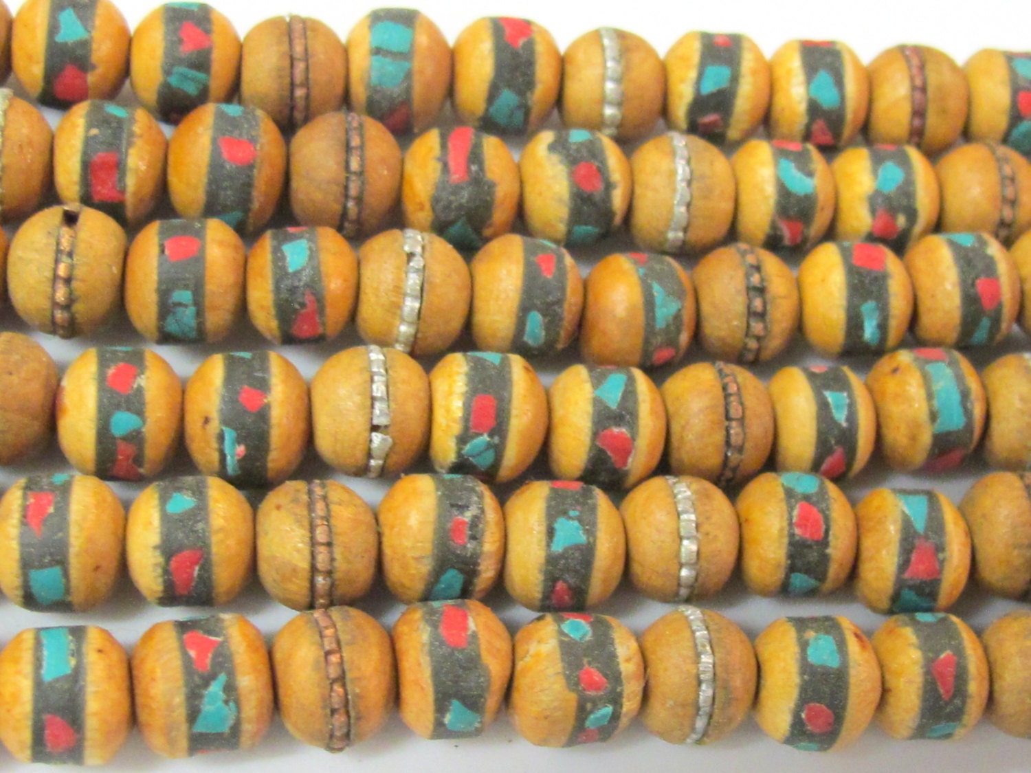 10 beads - 7-8 mm Tibetan wood mala beads with turquoise brass coral inlay - mala making supply - ML078B