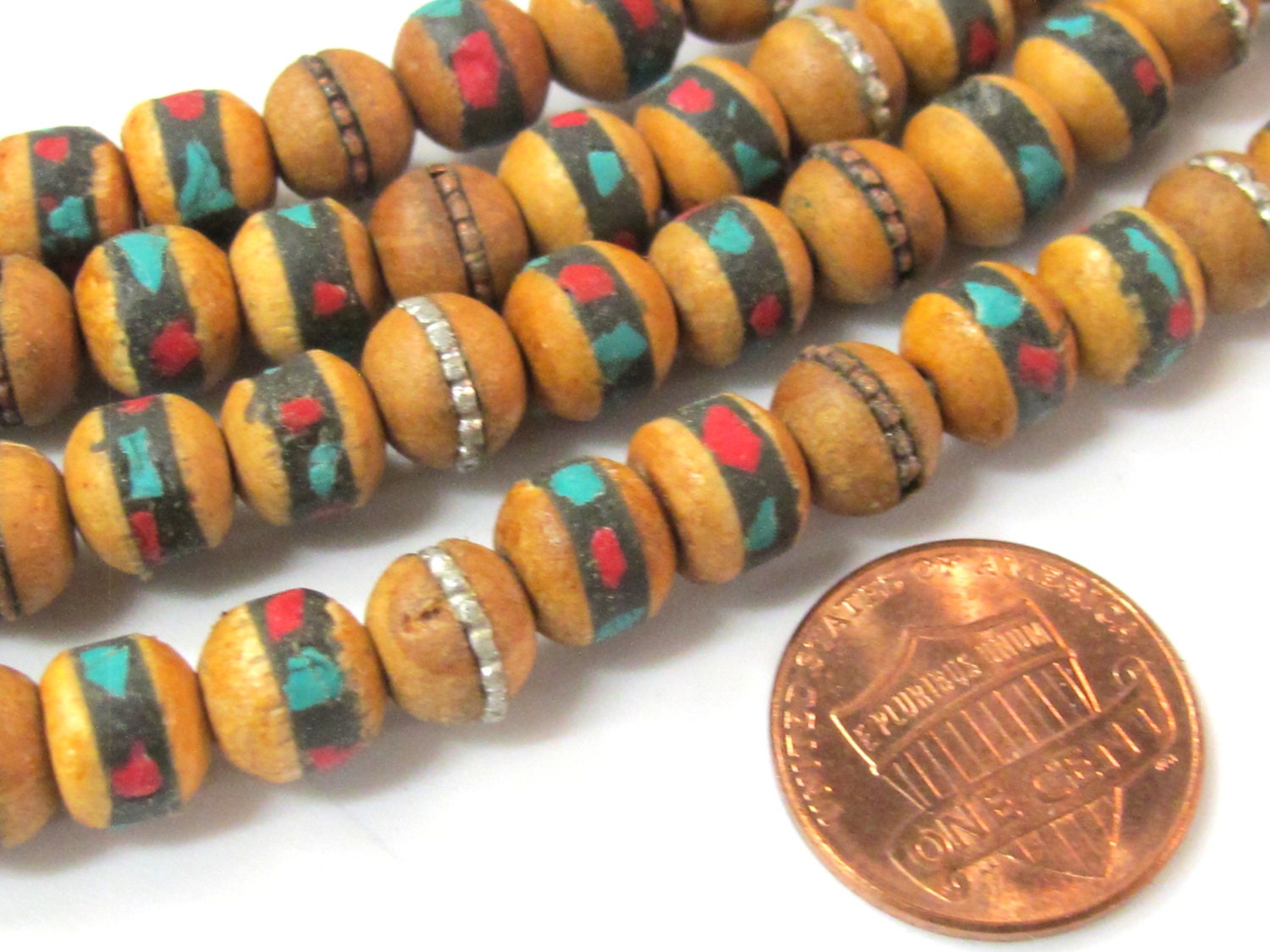 10 beads - 7-8 mm Tibetan wood mala beads with turquoise brass coral inlay - mala making supply - ML078B