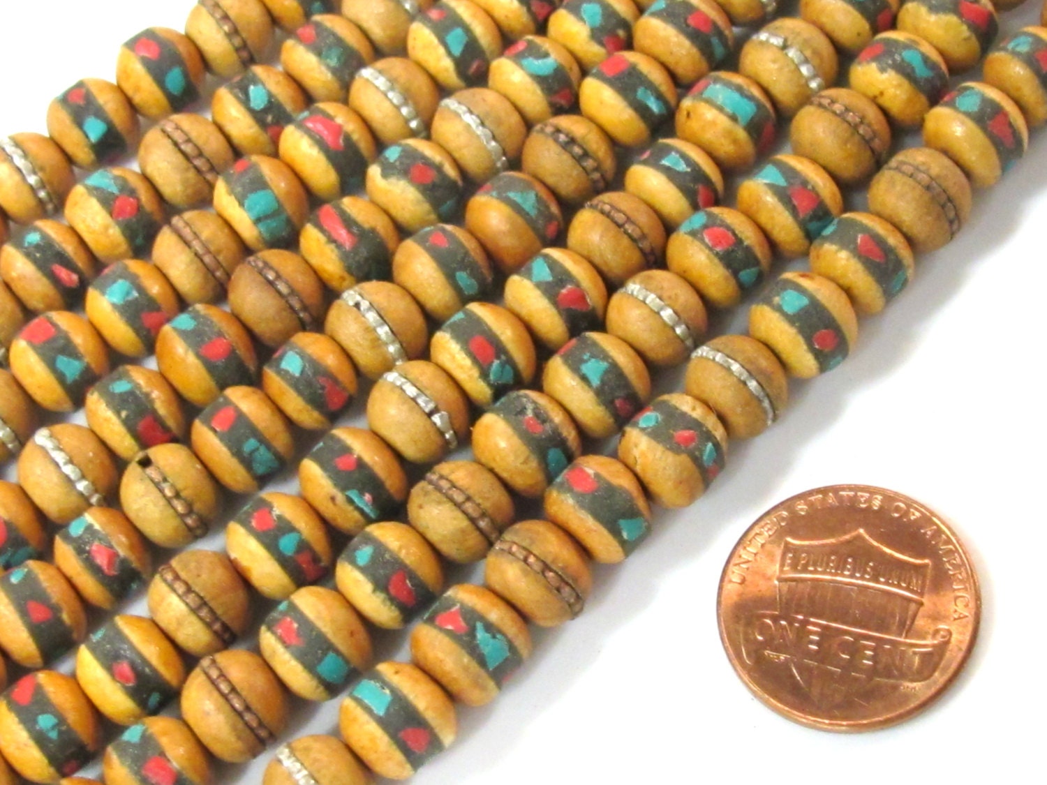 10 beads - 7-8 mm Tibetan wood mala beads with turquoise brass coral inlay - mala making supply - ML078B