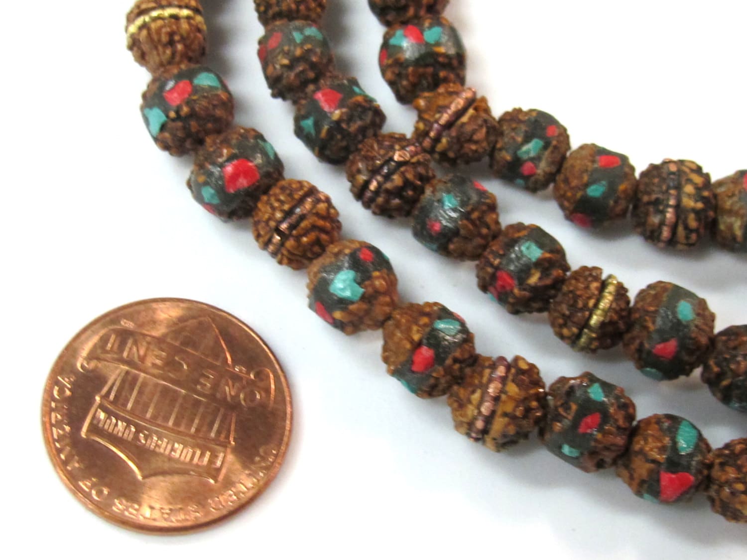 10 beads - 7 mm rudraksha mala beads with turquoise brass coral inlay - mala making supply - ML077B