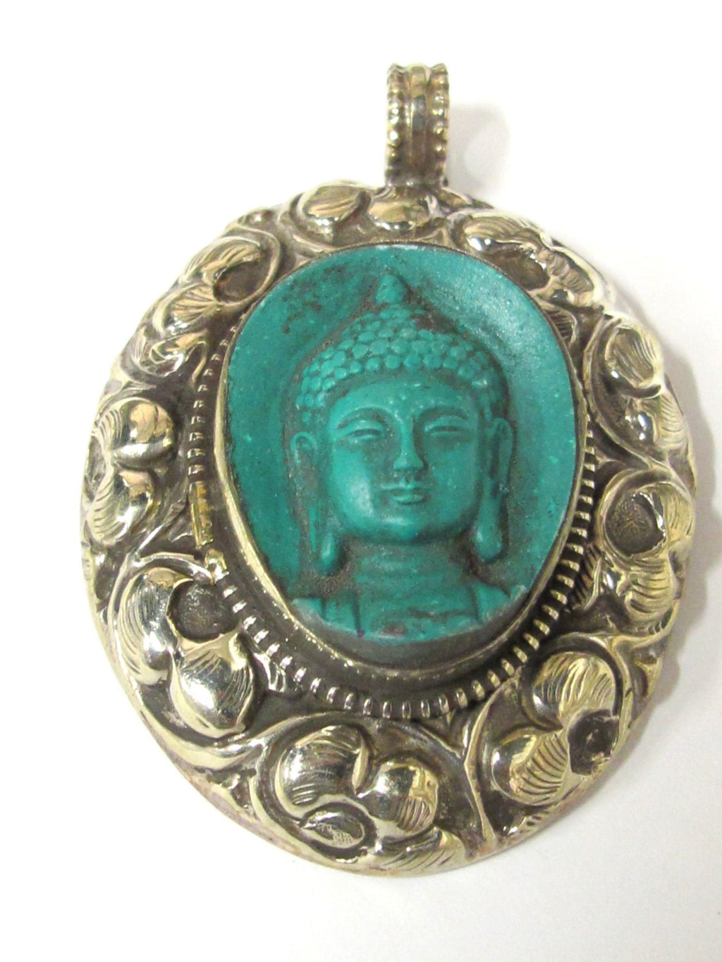 Tibetan silver Green Buddha pendant with floral design carving - PM272AC
