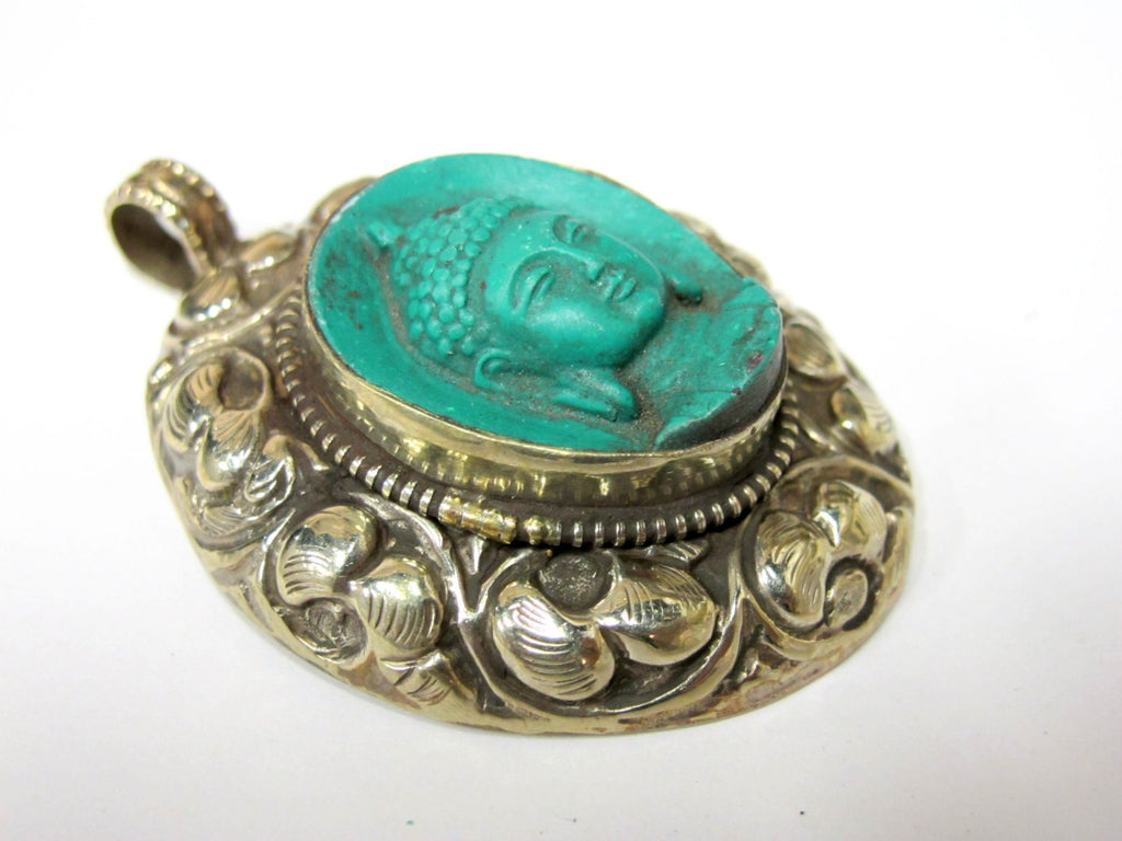 Tibetan silver Green Buddha pendant with floral design carving - PM272AC