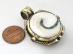1 Pendant - Round oval shape Tibetan naga conch shell brass bail pendant with turquoise inlay - Nepal jewelry supply - PM489