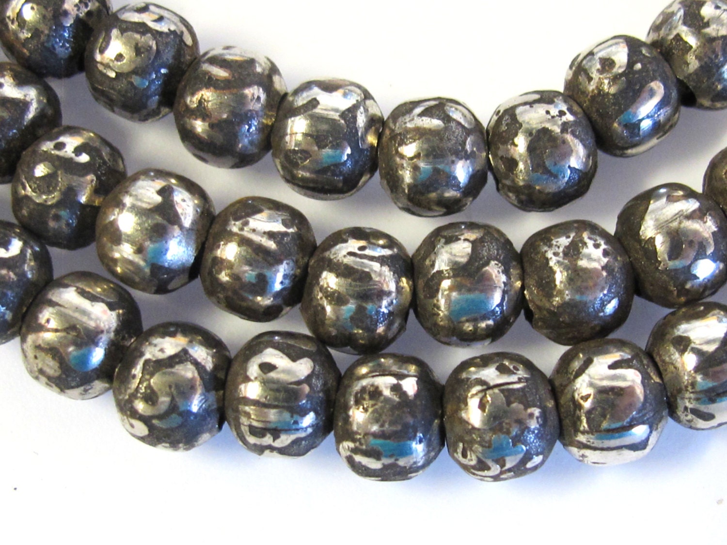 108 om mantra mala beads - Tibetan antiqued silver finish 108 mala making supply - Tibetan Om mantra etched on beads- 8 mm size - ML081A