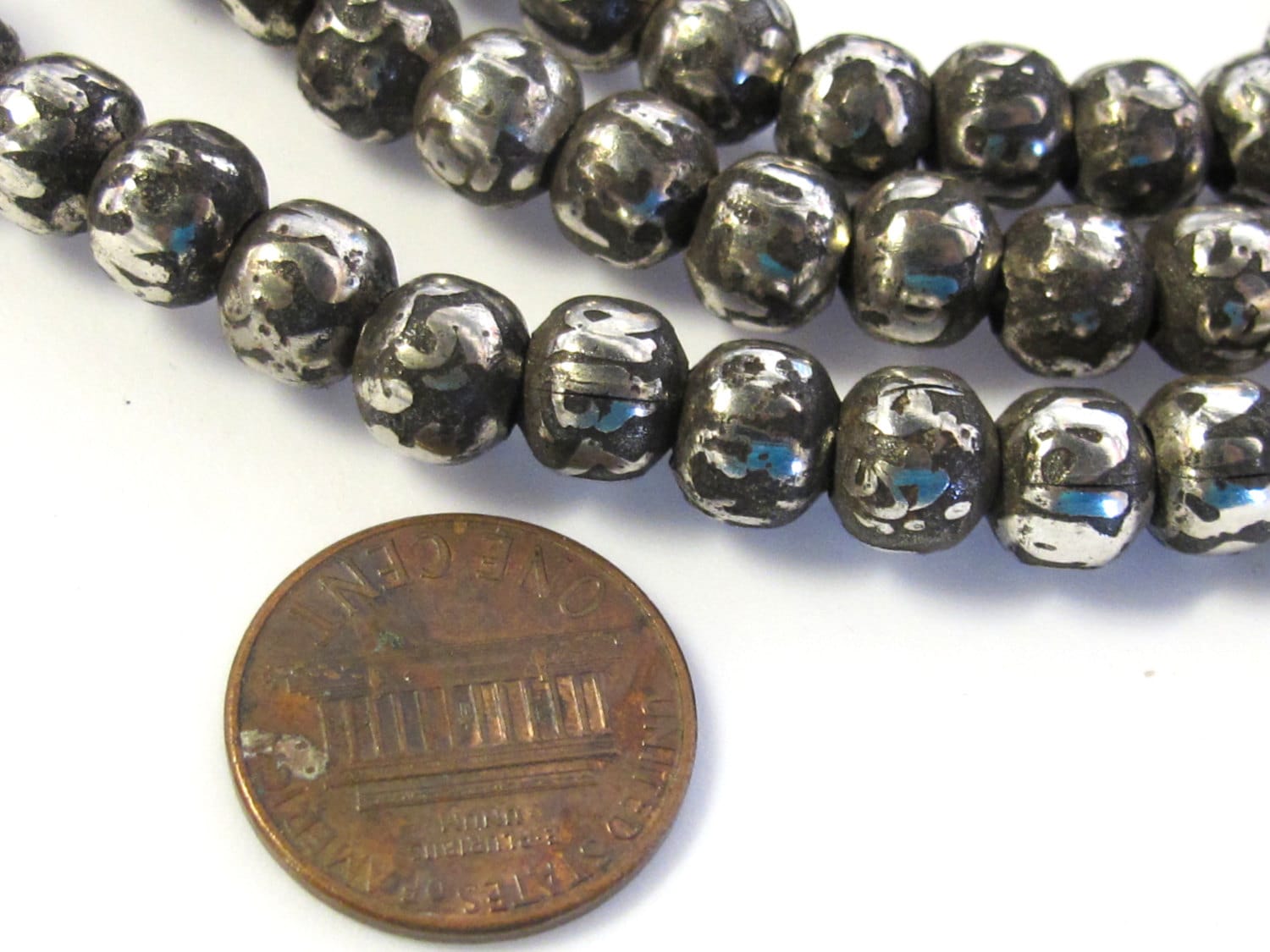 108 om mantra mala beads - Tibetan antiqued silver finish 108 mala making supply - Tibetan Om mantra etched on beads- 8 mm size - ML081A