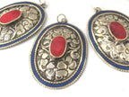 2 pieces - Large oval disc shape Tibetan silver flower carved charms with lapis coral inlay- PM493A