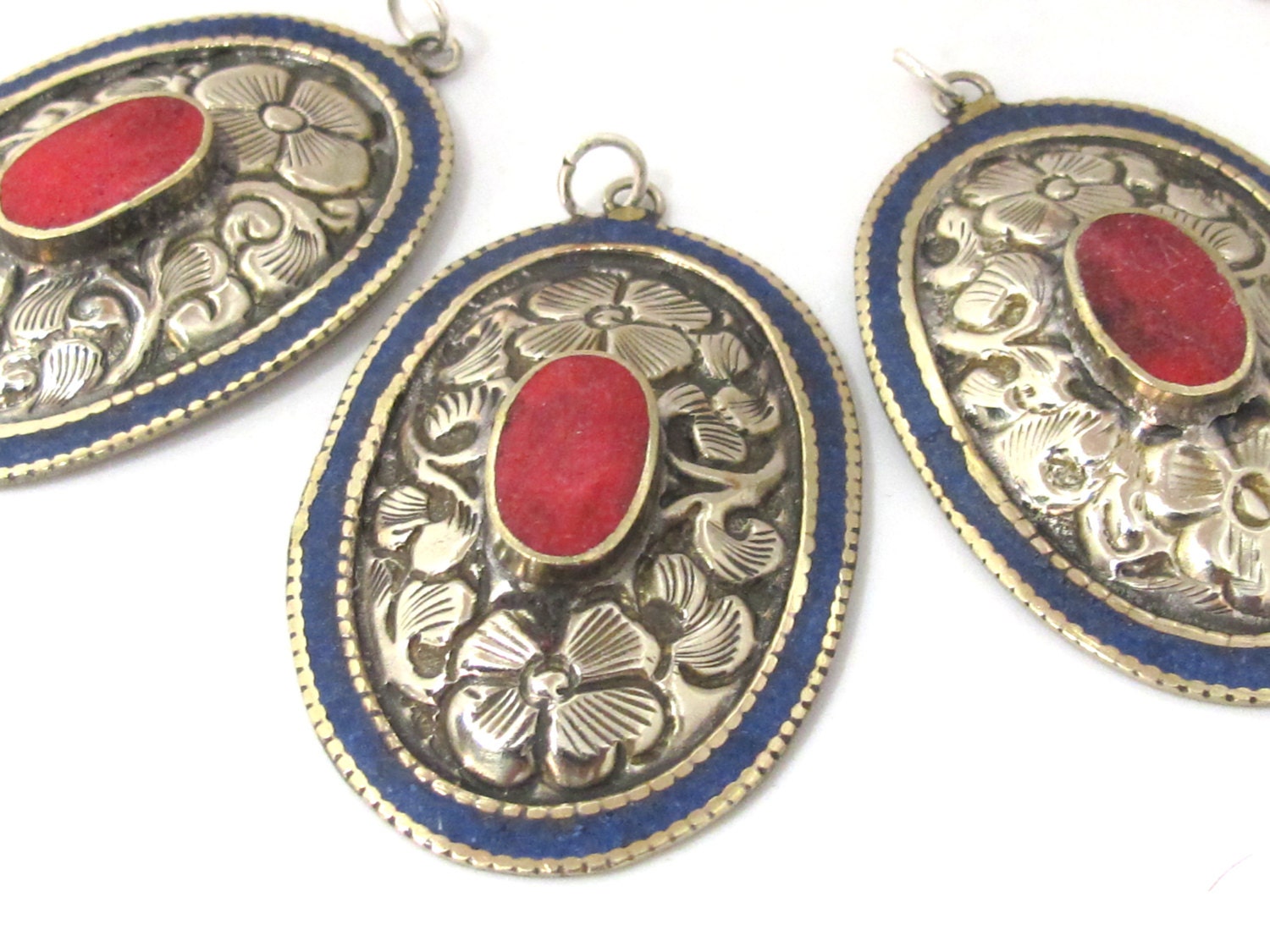 2 pieces - Large oval disc shape Tibetan silver flower carved charms with lapis coral inlay- PM493A