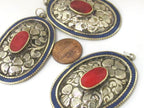 2 pieces - Large oval disc shape Tibetan silver flower carved charms with lapis coral inlay- PM493A