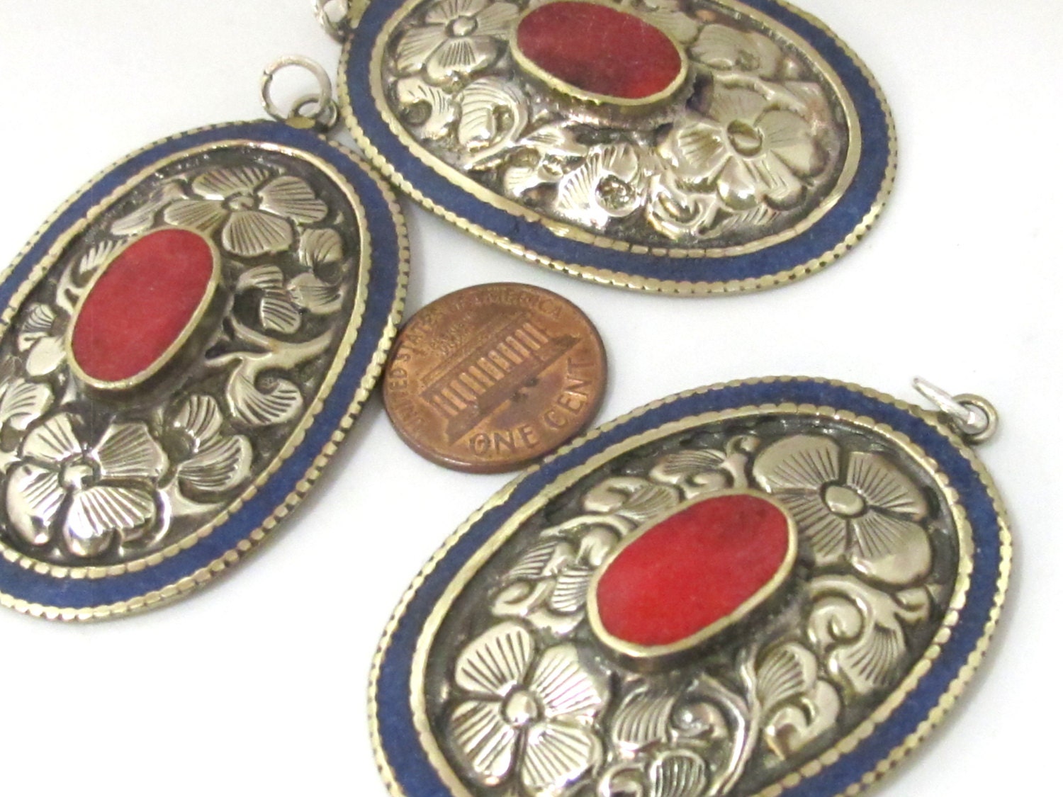 2 pieces - Large oval disc shape Tibetan silver flower carved charms with lapis coral inlay- PM493A