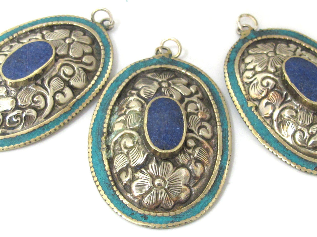 2 pieces - Large oval disc shape Tibetan silver flower carved charms with lapis turquoise inlay- PM493B