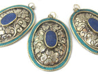 2 pieces - Large oval disc shape Tibetan silver flower carved charms with lapis turquoise inlay- PM493B