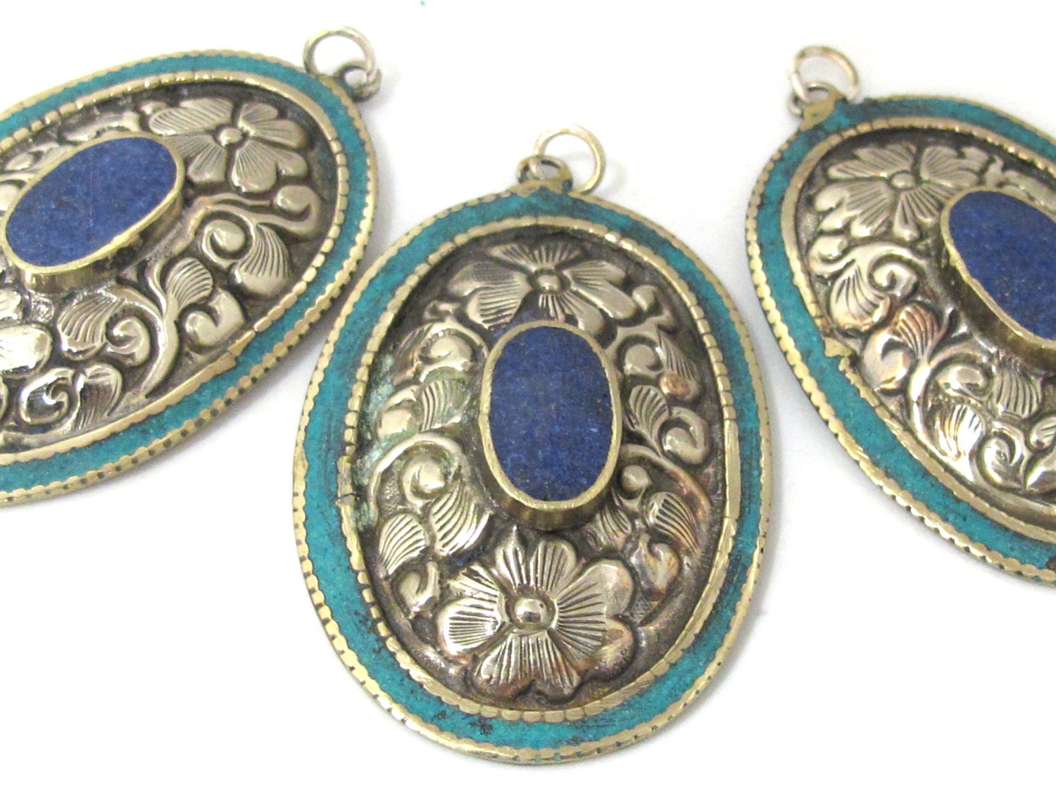 2 pieces - Large oval disc shape Tibetan silver flower carved charms with lapis turquoise inlay- PM493B
