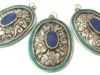 2 pieces - Large oval disc shape Tibetan silver flower carved charms with lapis turquoise inlay- PM493B