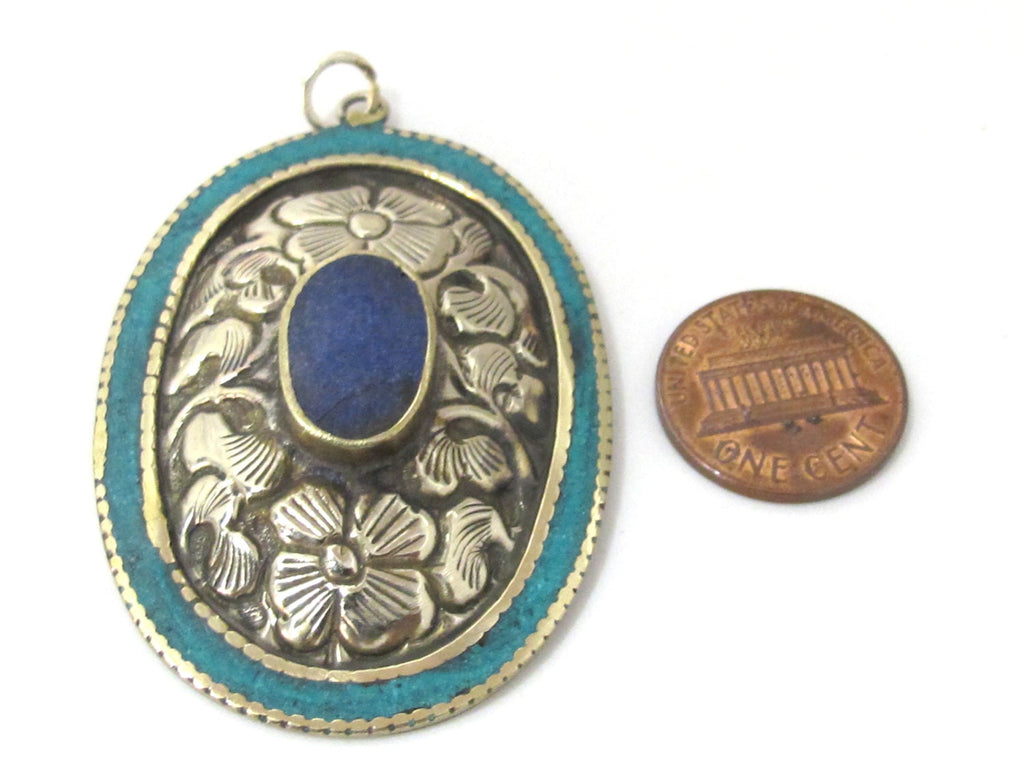 2 pieces - Large oval disc shape Tibetan silver flower carved charms with lapis turquoise inlay- PM493B