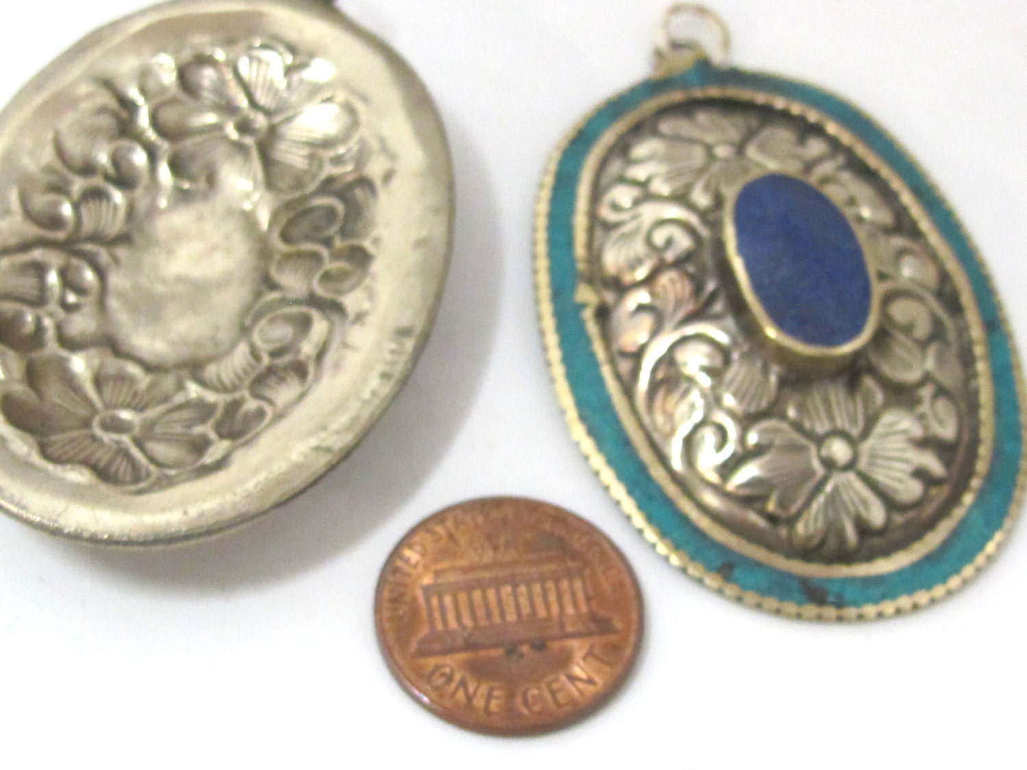 2 pieces - Large oval disc shape Tibetan silver flower carved charms with lapis turquoise inlay- PM493B