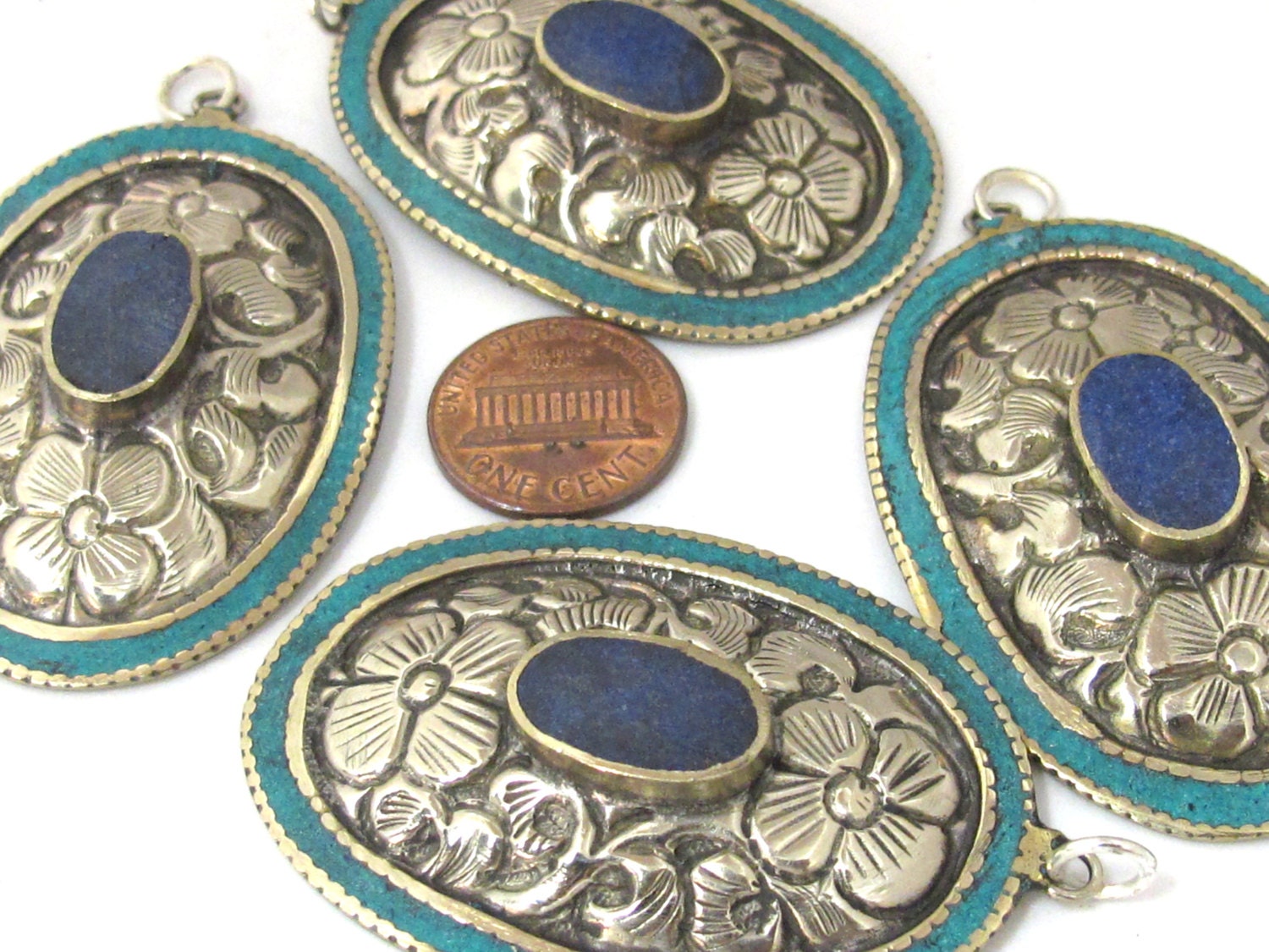 2 pieces - Large oval disc shape Tibetan silver flower carved charms with lapis turquoise inlay- PM493B