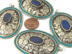 2 pieces - Large oval disc shape Tibetan silver flower carved charms with lapis turquoise inlay- PM493B