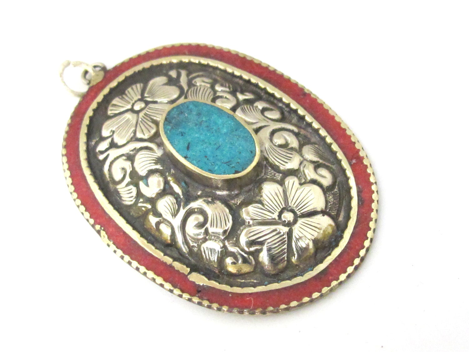 2 pieces - Large oval disc shape Tibetan silver flower carved charms with turquoise coral inlay- PM493C