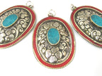 2 pieces - Large oval disc shape Tibetan silver flower carved charms with turquoise coral inlay- PM493C