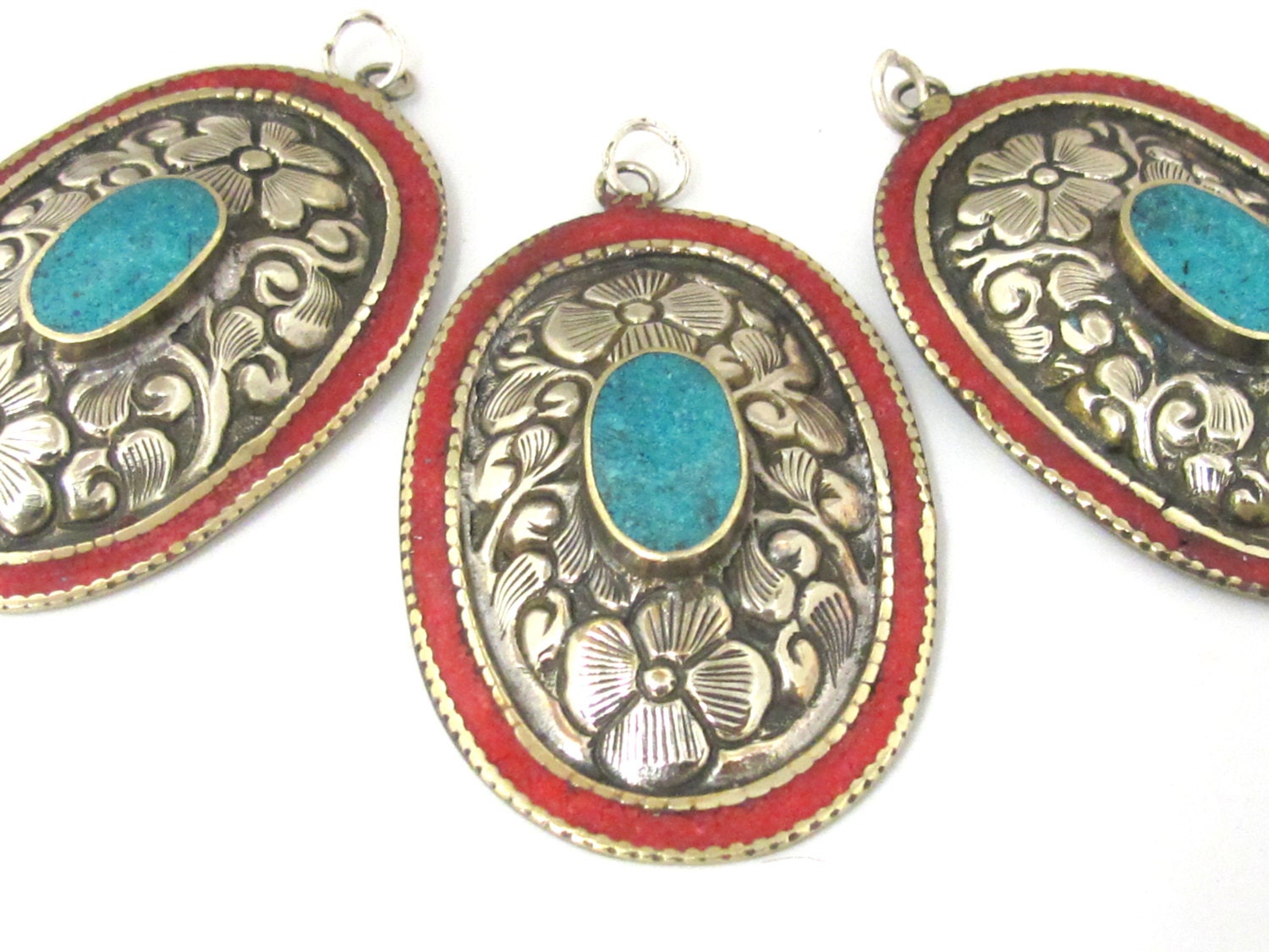 2 pieces - Large oval disc shape Tibetan silver flower carved charms with turquoise coral inlay- PM493C