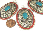 2 pieces - Large oval disc shape Tibetan silver flower carved charms with turquoise coral inlay- PM493C