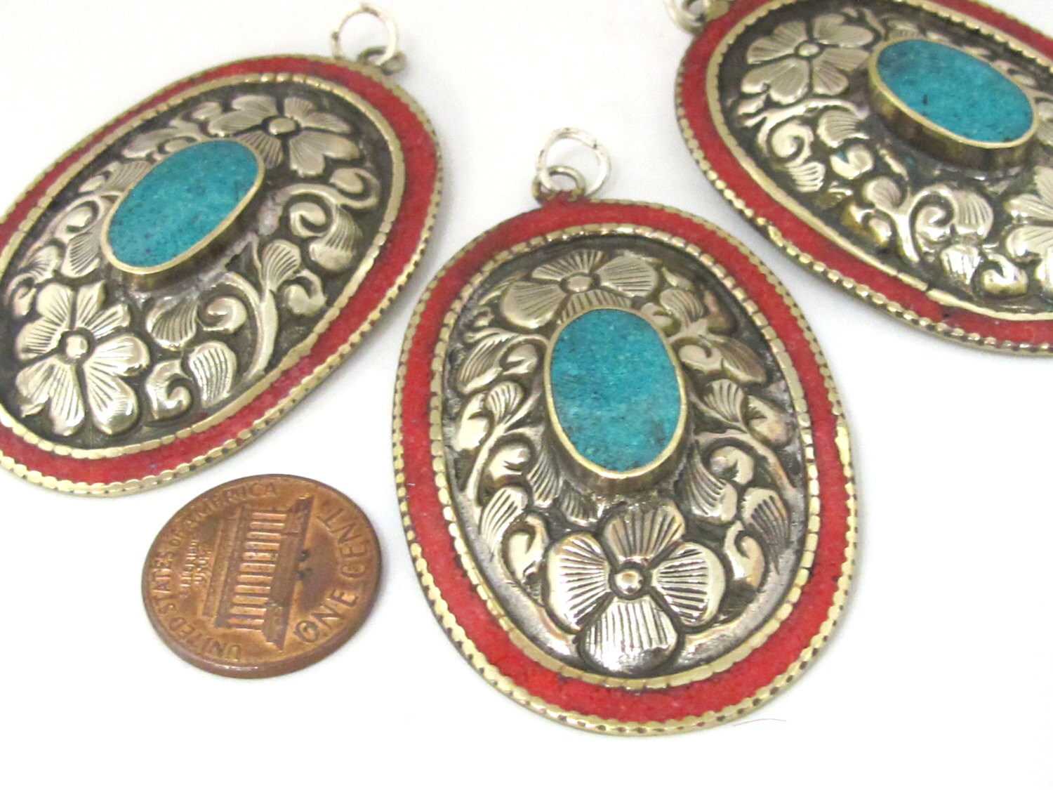 2 pieces - Large oval disc shape Tibetan silver flower carved charms with turquoise coral inlay- PM493C