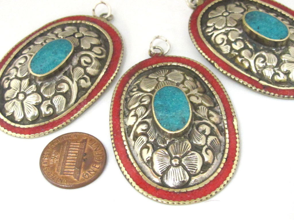 2 pieces - Large oval disc shape Tibetan silver flower carved charms with turquoise coral inlay- PM493C