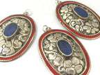 2 pieces - Large oval disc shape Tibetan silver flower carved charms with lapis coral inlay- PM493D
