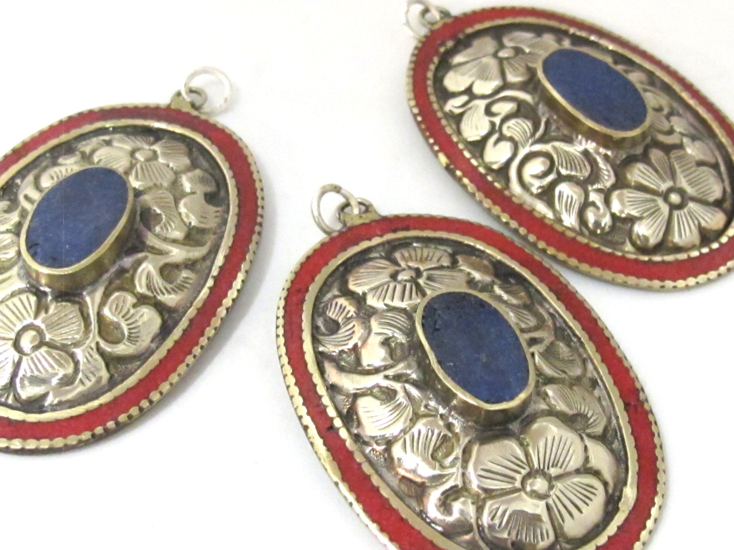 2 pieces - Large oval disc shape Tibetan silver flower carved charms with lapis coral inlay- PM493D