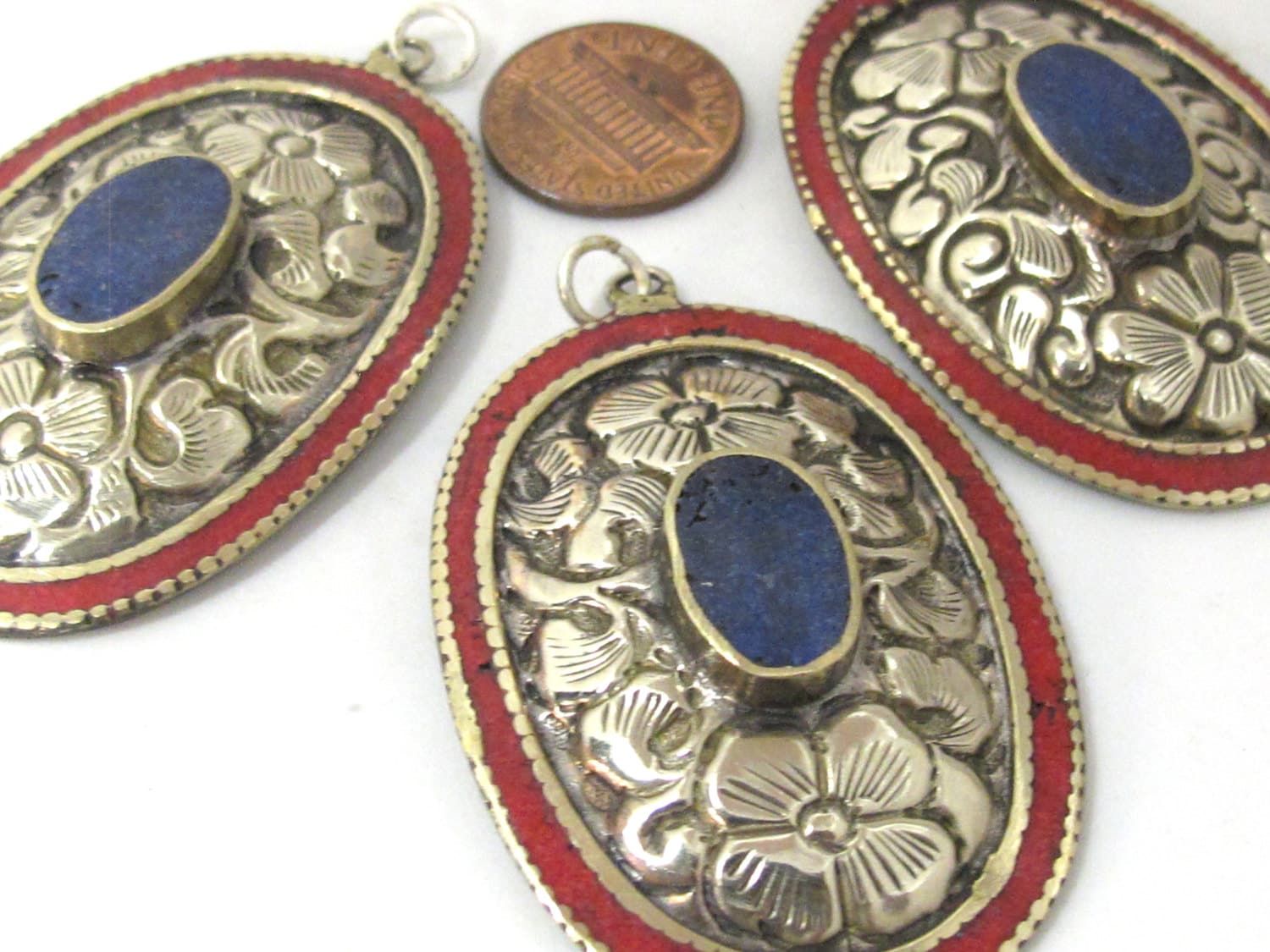 2 pieces - Large oval disc shape Tibetan silver flower carved charms with lapis coral inlay- PM493D