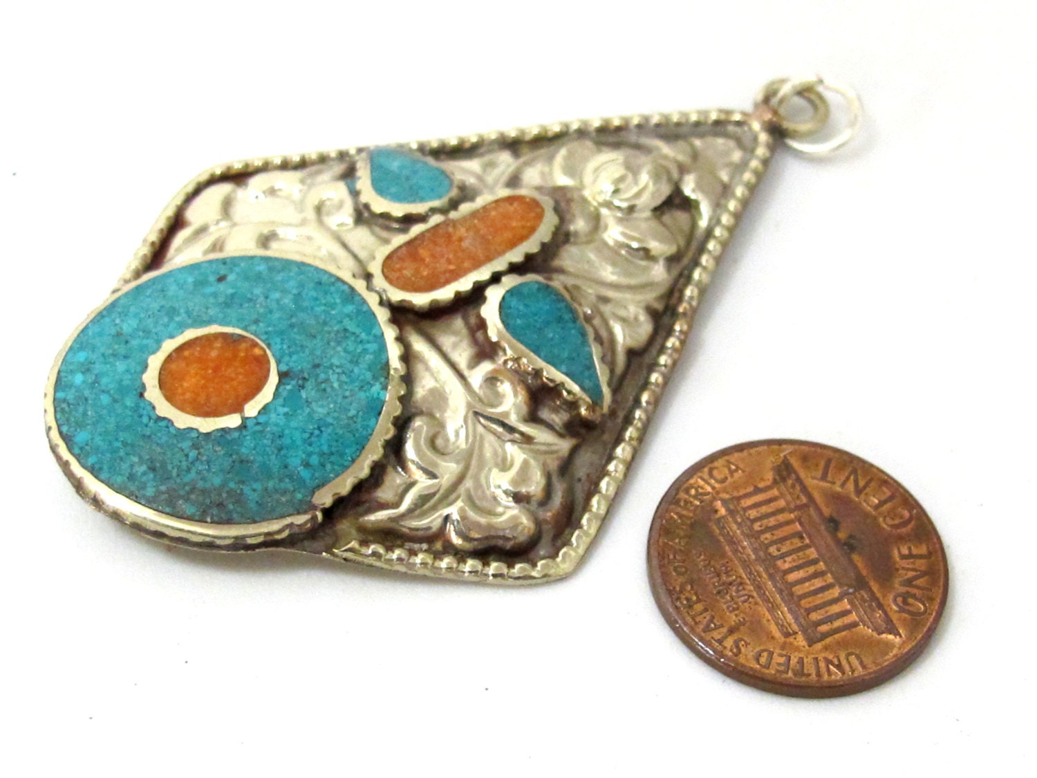 2 pendants - Large light weight Kite shape Tibetan silver lotus flower carved repousse charms dangle disc with turquoise coral inlay- PM494A