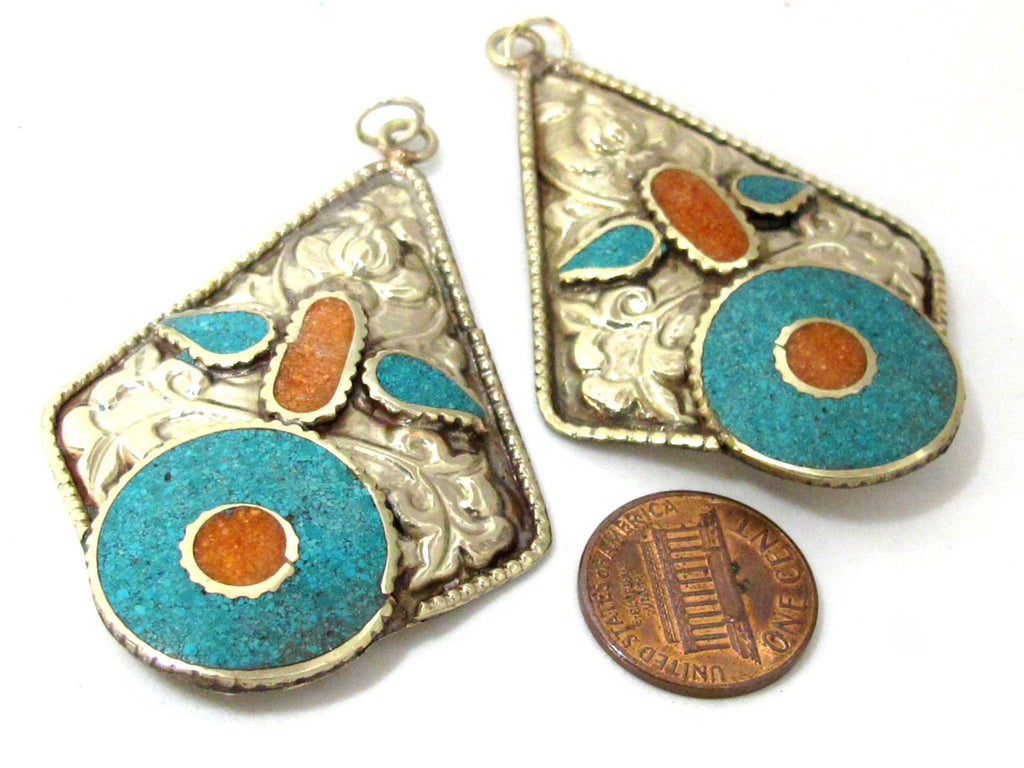 2 pendants - Large light weight Kite shape Tibetan silver lotus flower carved repousse charms dangle disc with turquoise coral inlay- PM494A