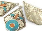 2 pendants - Large light weight Kite shape Tibetan silver lotus flower carved repousse charms dangle disc with turquoise coral inlay- PM494A