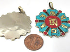 Tibetan Om lotus flower Dharma wheel design brass pendant with turquoise inlay - PM496