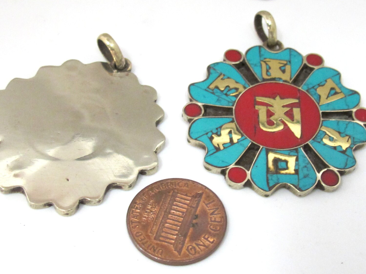 Tibetan Om lotus flower Dharma wheel design brass pendant with turquoise inlay - PM496