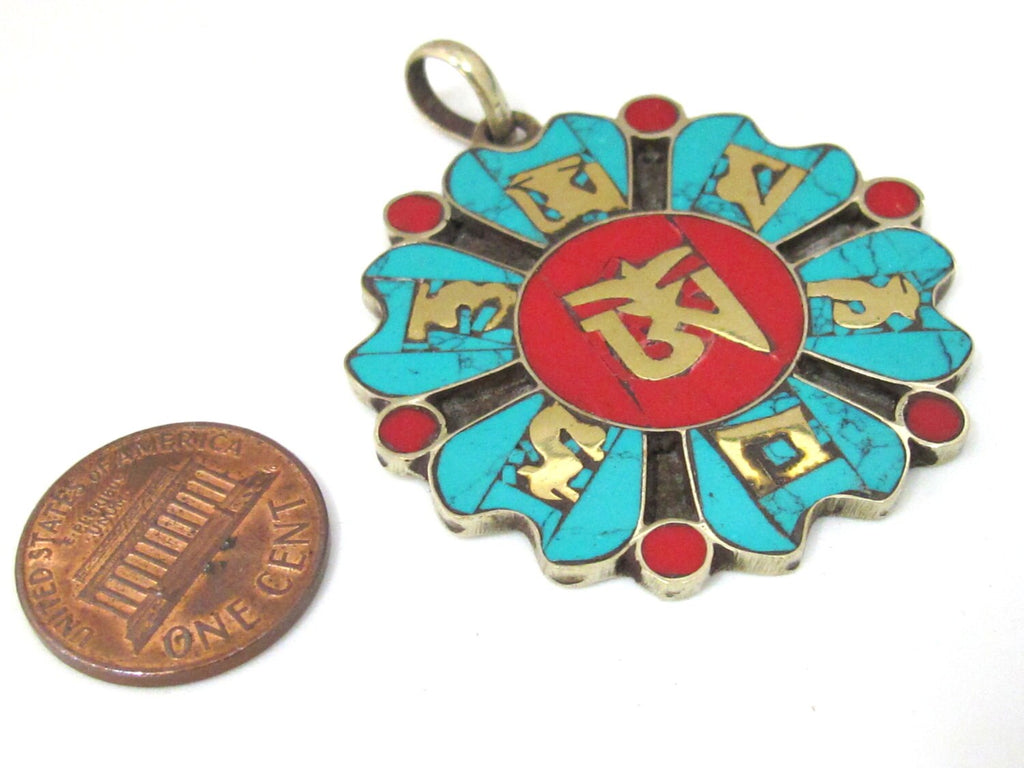 Tibetan Om lotus flower Dharma wheel design brass pendant with turquoise inlay - PM496