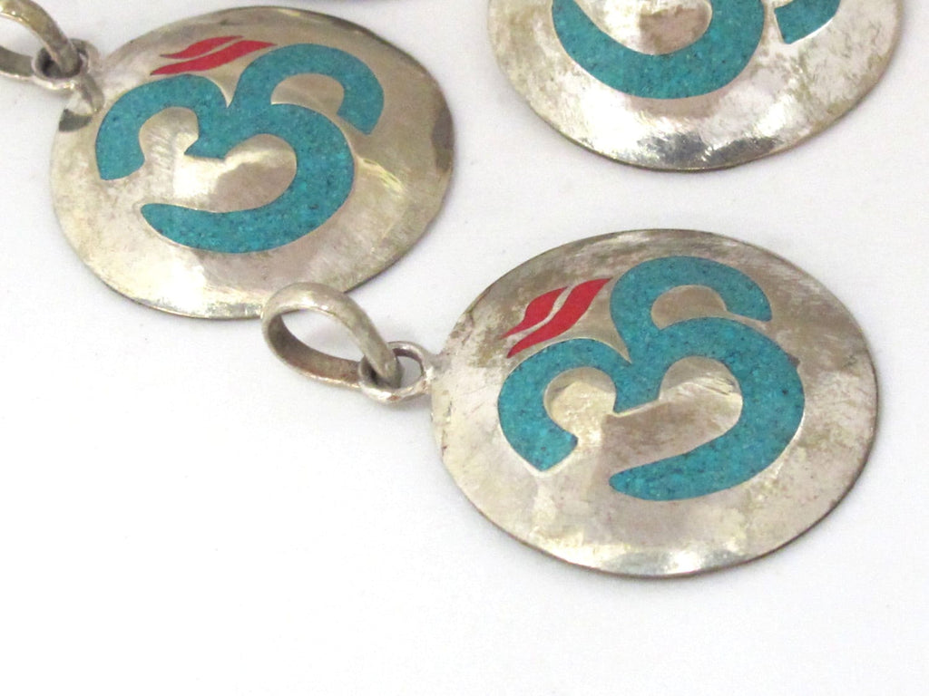 Tibetan pendant Sanskrit Om pendant with turquoise coral inlay - 1 Pendant - PM497B